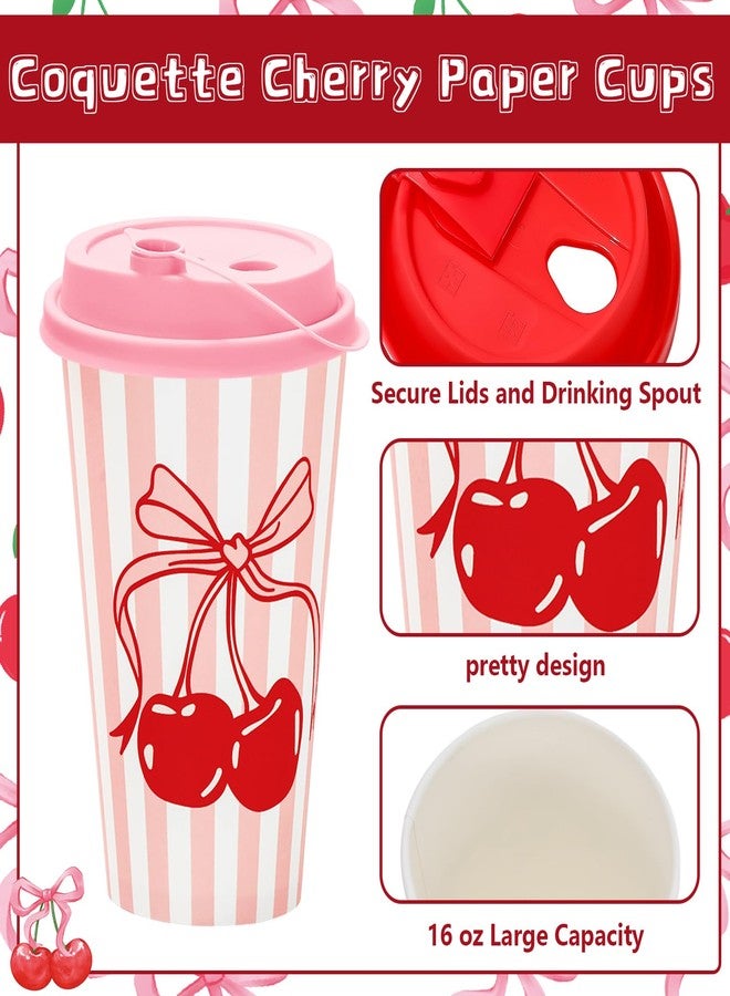 JarThenaAMCS 50 Set Coquette Cherry Disposable Coffee Cups with Lids 16oz Pink Bow Cherry Paper Drinking Cup Striped Paper Cup for Birthday Wedding Baby Shower Bachelorette Party Supplies - Image 3